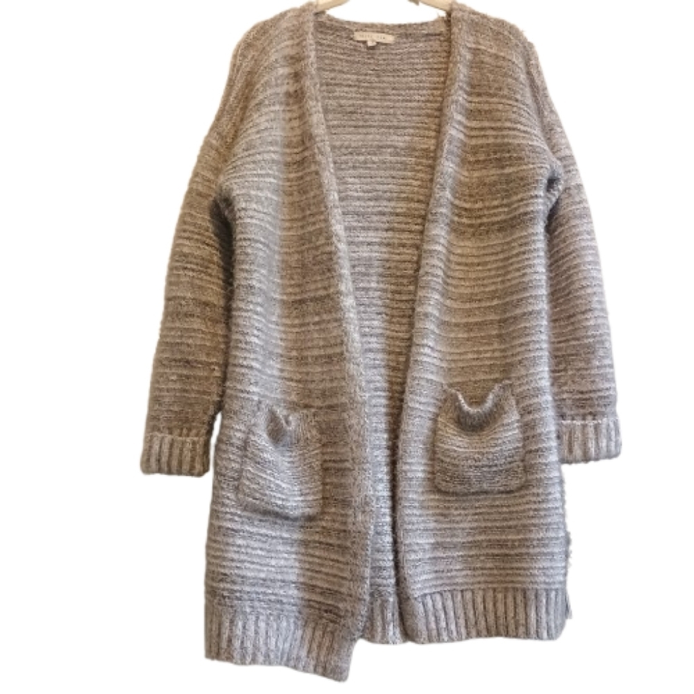 Olive & Oak Open Front Cardigan Sweater Gray Textured Hairy Knit Pockets Women’s